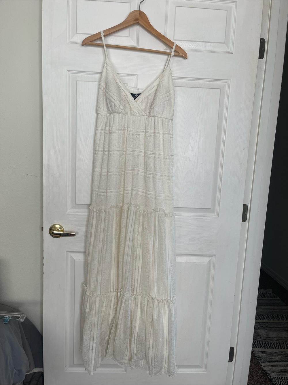 Ronni Nicole Cream Tiered Maxi Dress with Spaghetti Straps Fairy Whimsy Lace